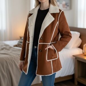 Regal Faux Fur Shearling Faux-Suede Coat – Chestnut Brown